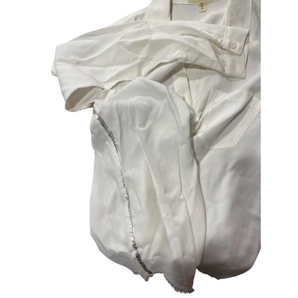 Cloth & Stone XS White Tencel Button-Down Shirt W/ Frayed Hem & Pocket - Picture 6 of 12